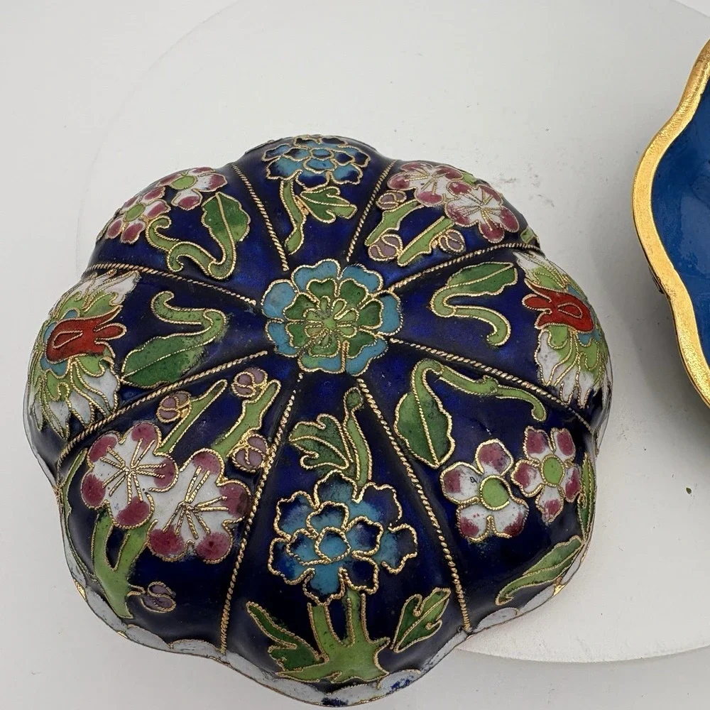 VTG Cloisonne Lidded Pumpkin Shaped Trinket Box China Blue Enamel‎ 3 1/2